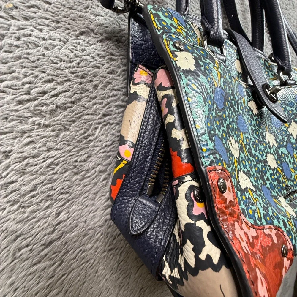 COACH Mercer Satchel 24 Leather Crossbody Bag Yankee Floral Blue